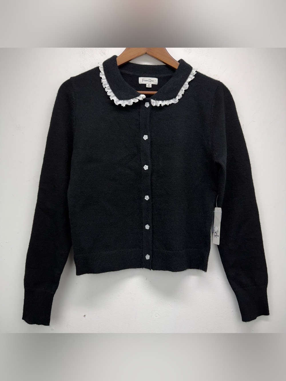 Faded Rose size Medium Juniors Black Lace Collar Flower Button Up Cardigan NWT